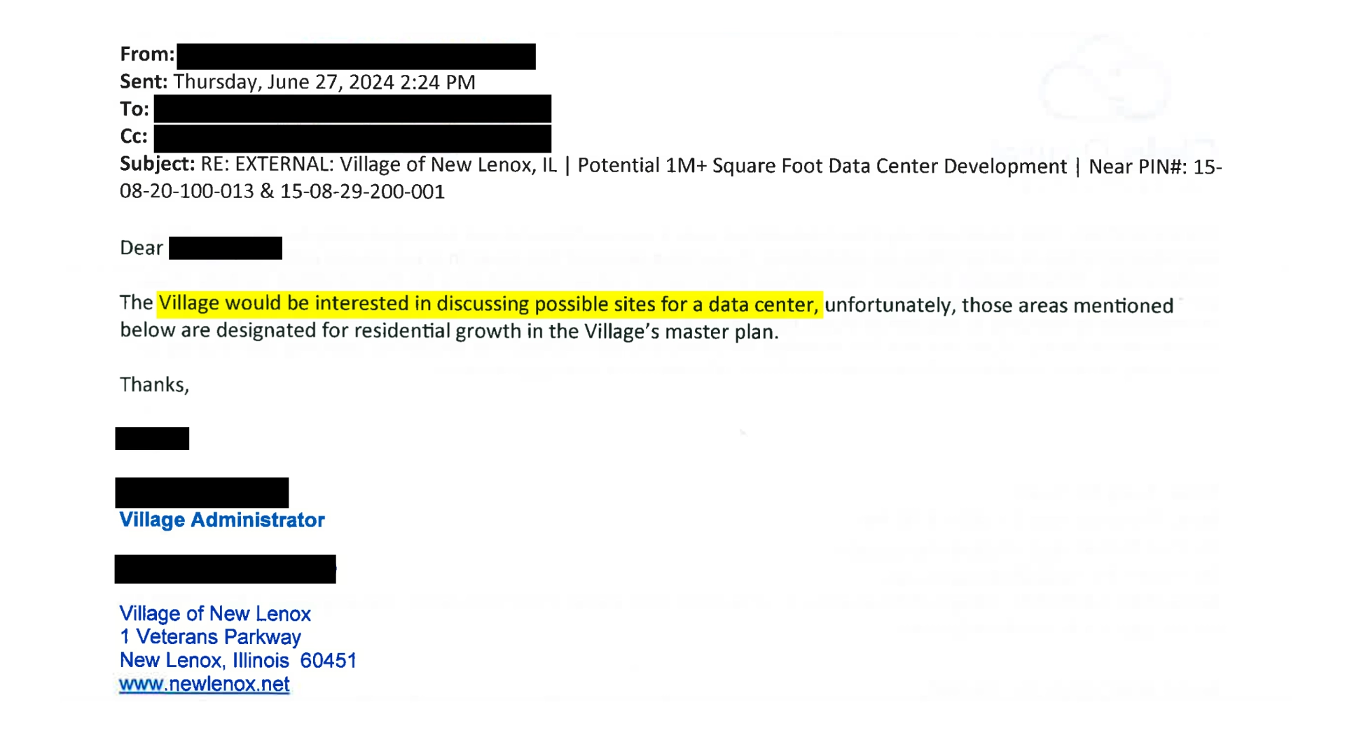 Village of New Lenox email discussing possible alternative data center sites