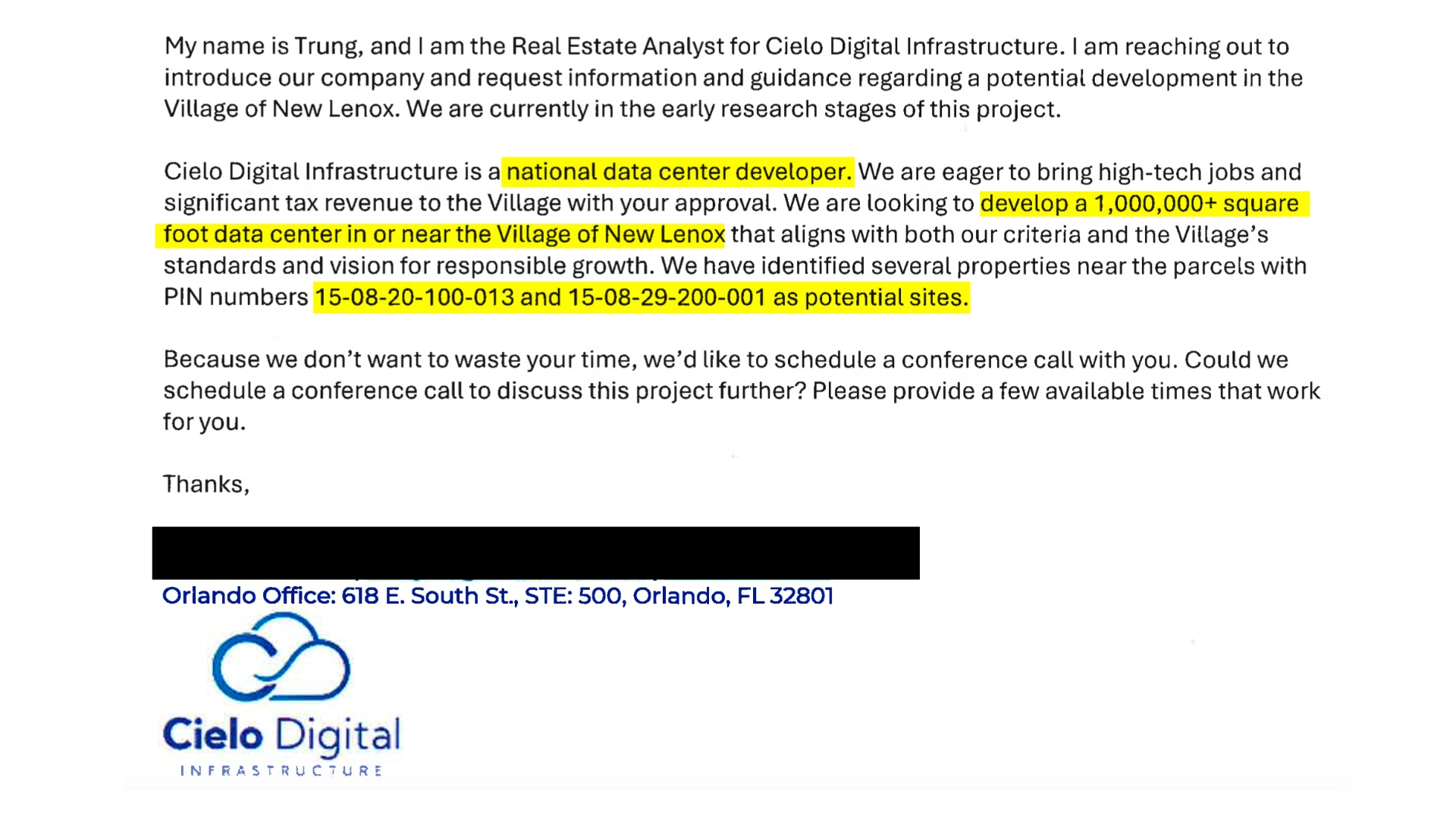 Cielo Digital Infrastructure email to New Lenox regarding a potential one million square foot data center