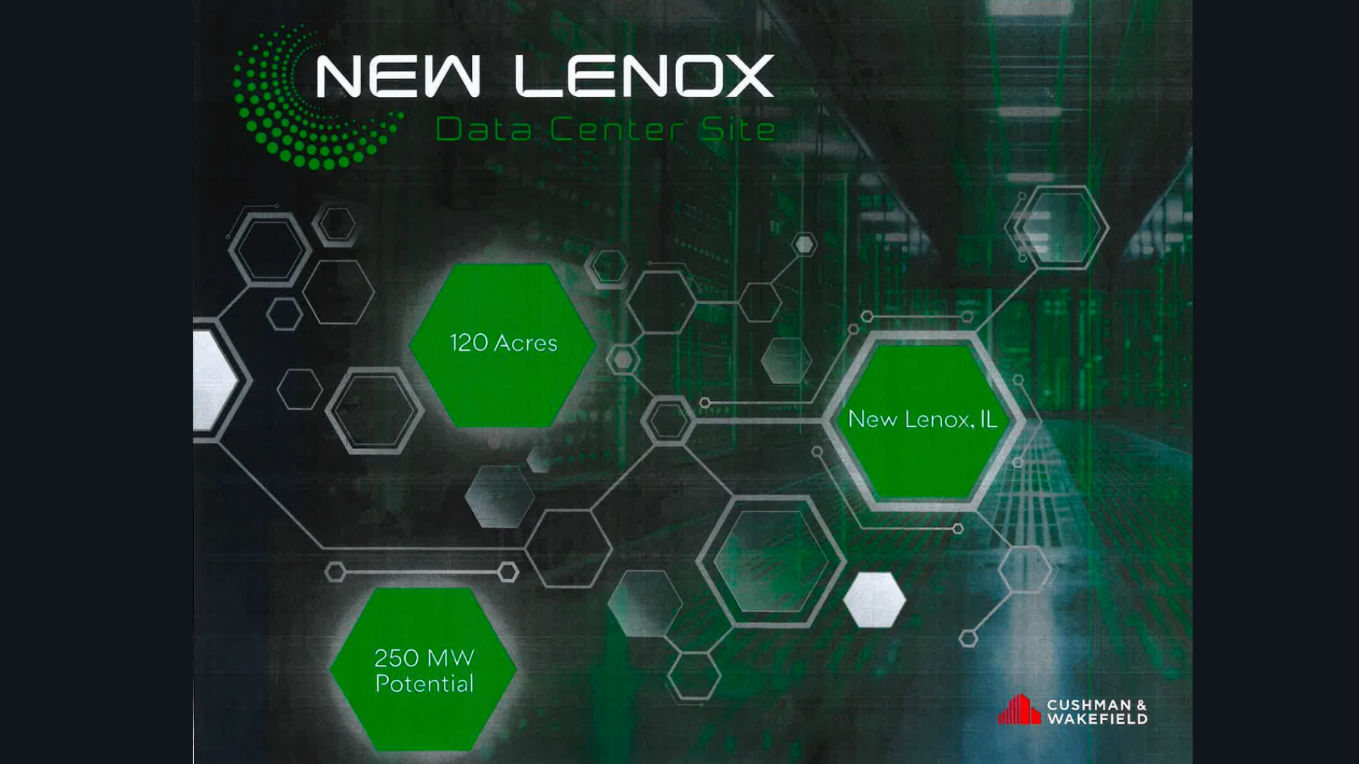New Lenox data center site marketing document showing 120 acres and 250 megawatts potential
