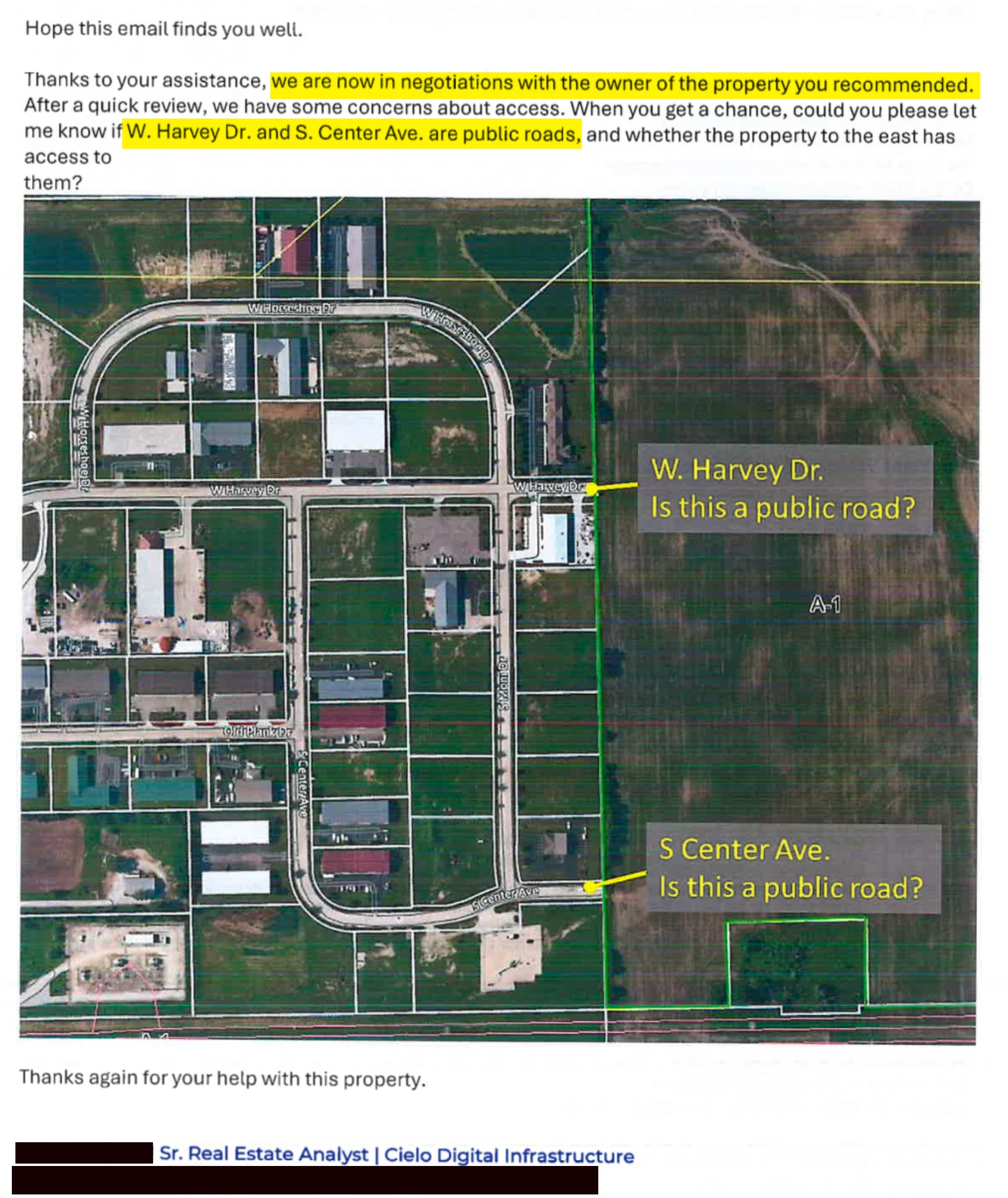 Cielo email stating it was negotiating with the owner of a New Lenox property