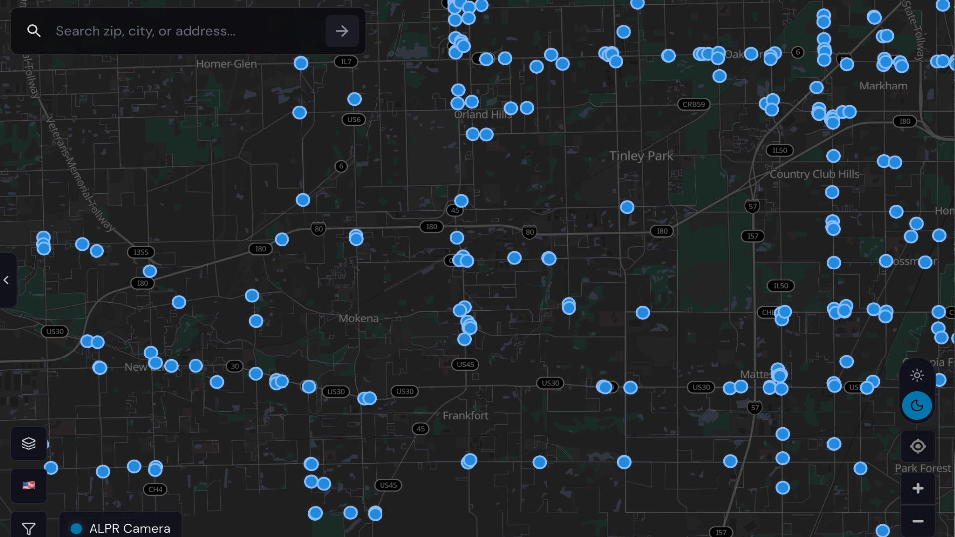 DeFlock map showing reported automated license plate reader locations around Chicago southwest suburbs including Frankfort Mokena Tinley Park and Orland Park