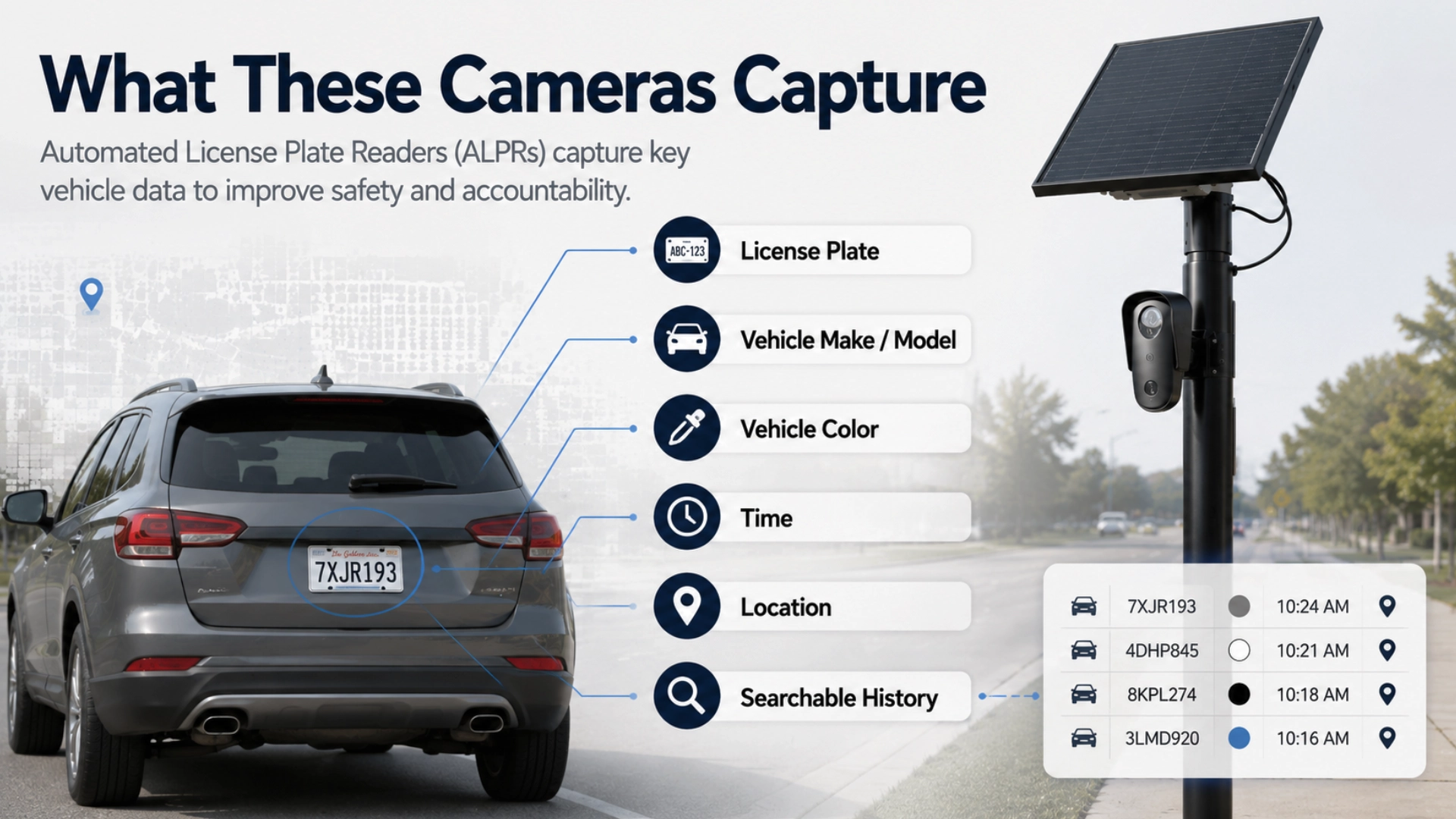 infographic showing vehicle information collected by Flock license plate reader cameras including plate, make, model, location, time and vehicle color