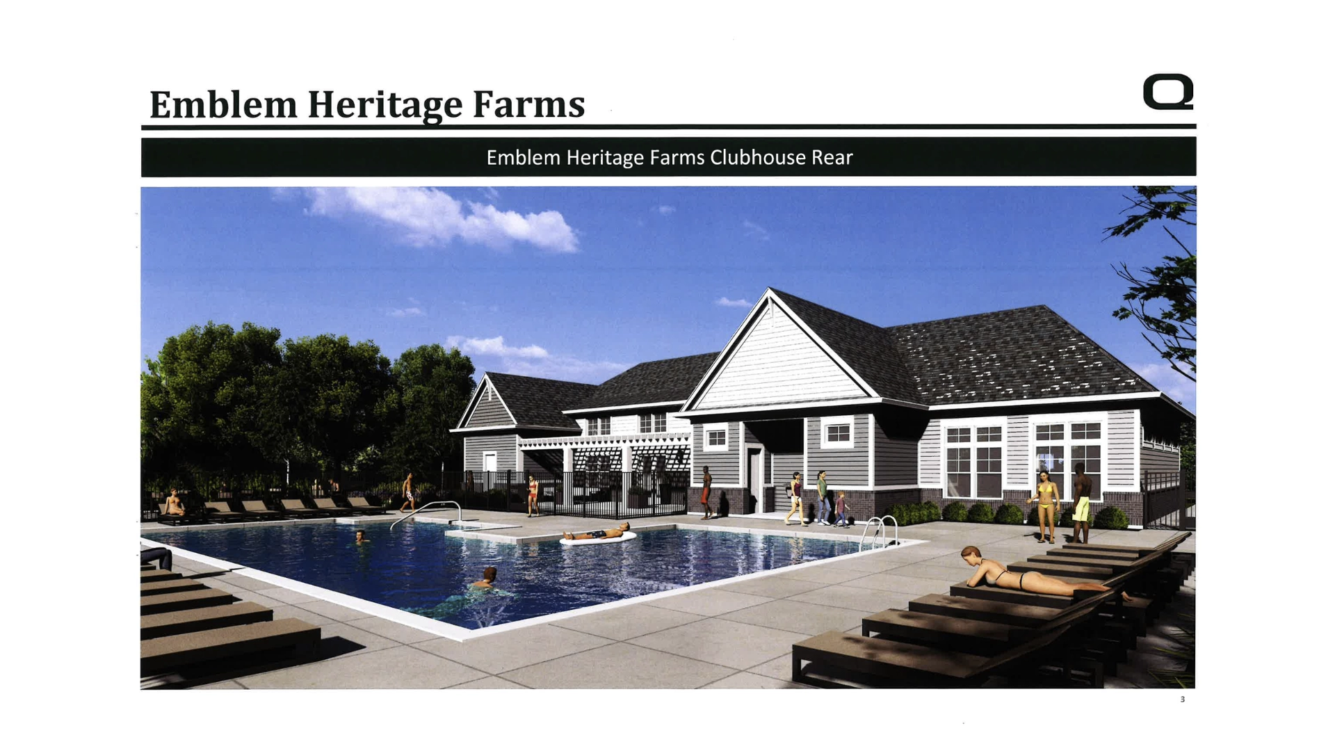 Proposed Emblem Heritage Farms clubhouse with outdoor swimming pool and seating