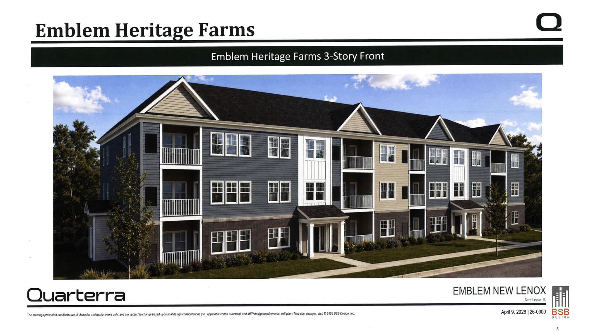 Quarterra Emblem Heritage Farms rendering of proposed three-story apartment buildings in New Lenox