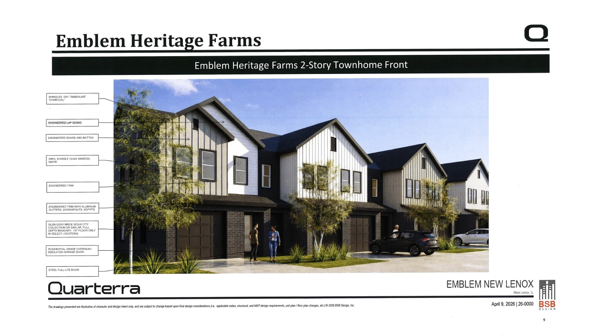Quarterra Emblem Heritage Farms rendering of proposed two-story townhomes with attached garages