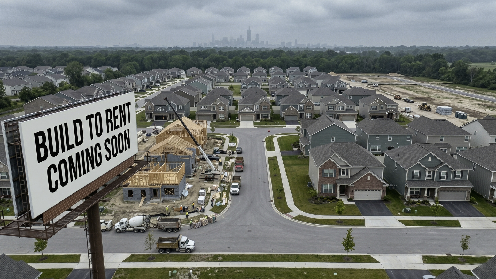 Image depicting a image of a modern new construction subdivision of Built to Rent with words Coming Soon on it