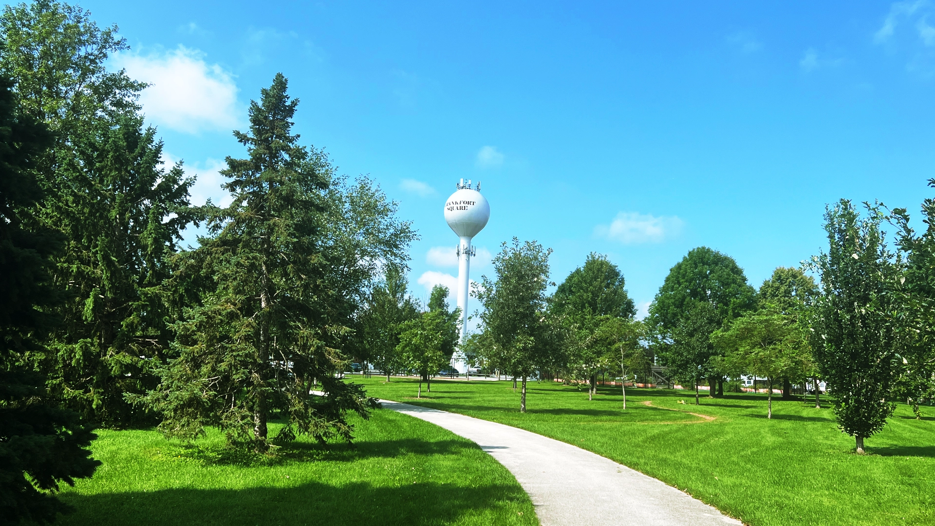 Photo of Frankfort Square water tower shot from community park on St Francis and Frankfort Square Rd