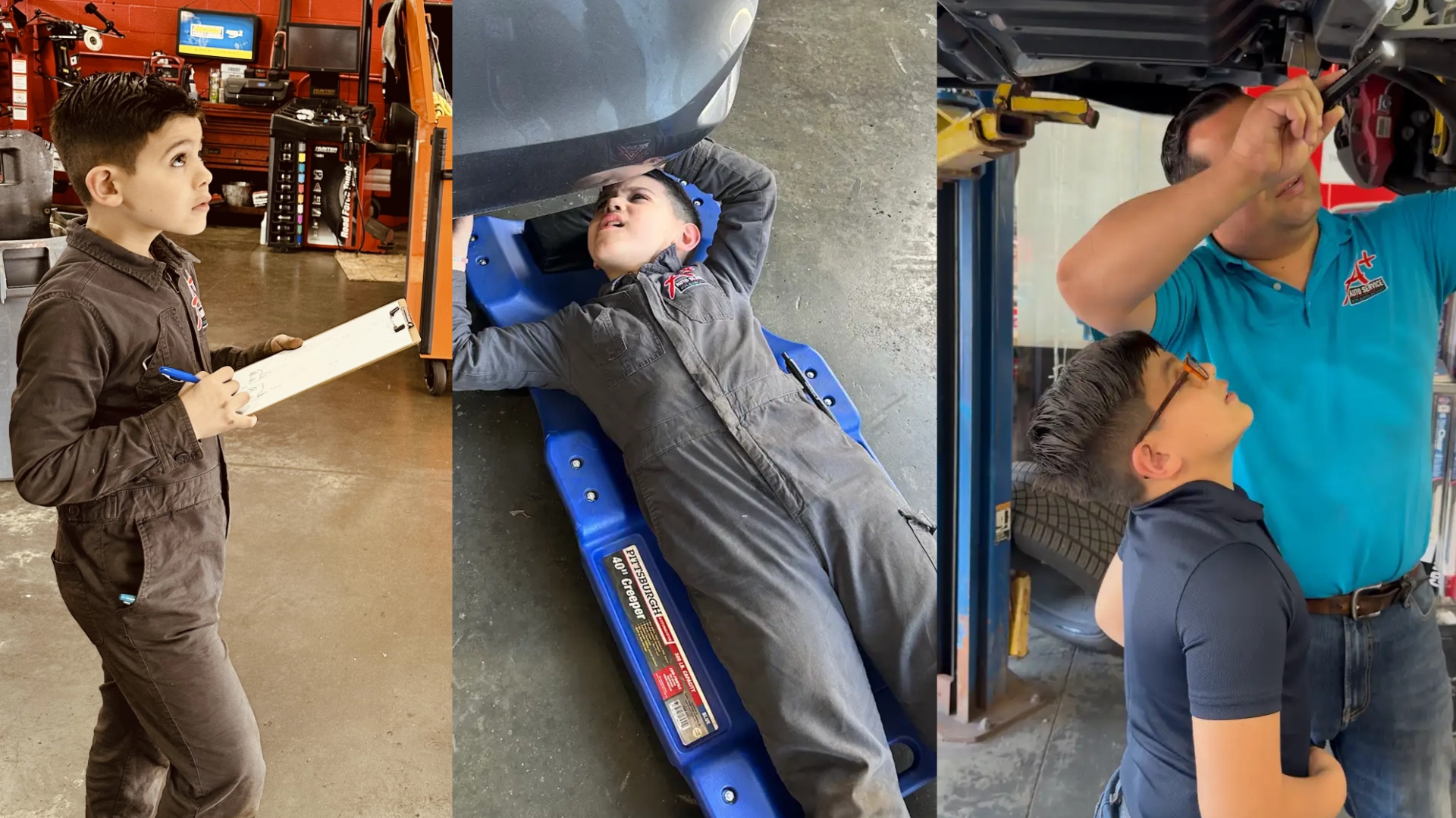An adult and a young family member looking at the underside of a vehicle raised on a lift at A Plus Auto Service