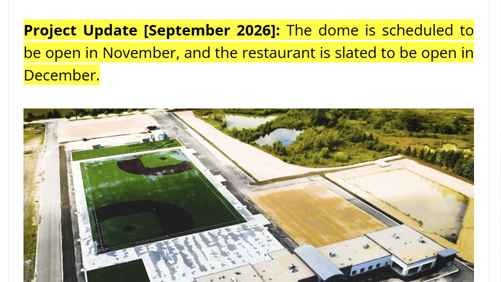 Tinley Park screenshot of expected date and time the Tinley Park super dome project will be ready.
