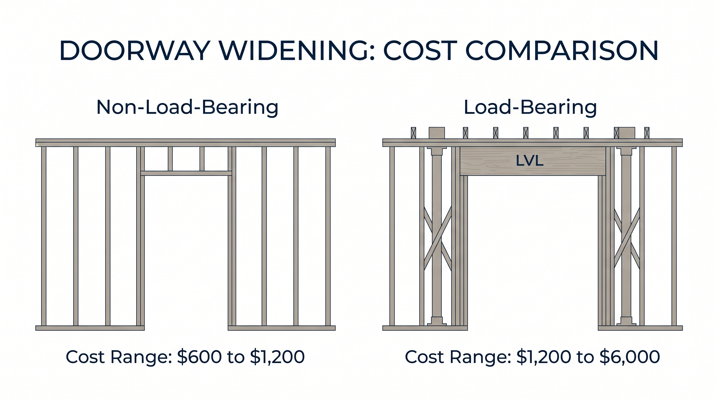 Side by side diagram wall framing non nd load bearing structure showing price for retrofitting in the southwest suburbs of Chicago IL