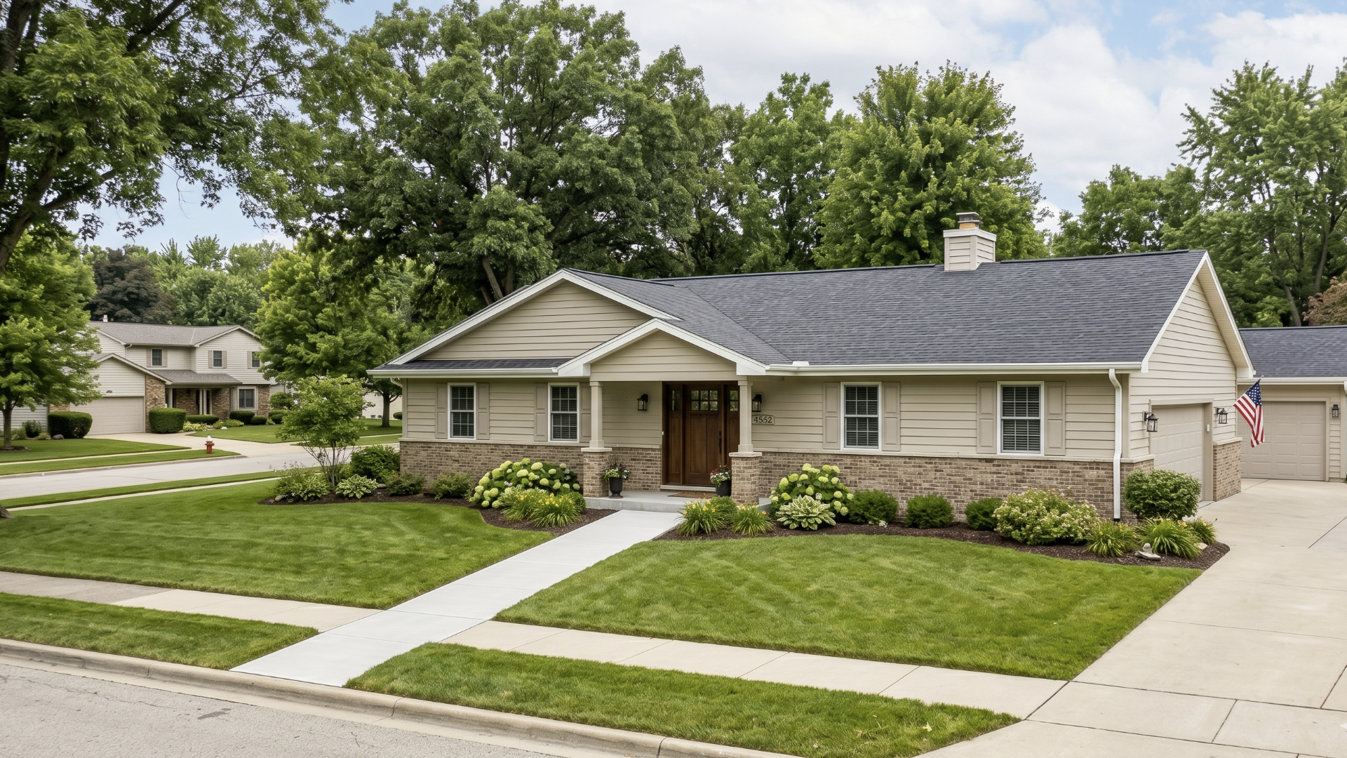 Single-family ranch brick home in the southwest Chicago suburbs with accessible front entry and walkway