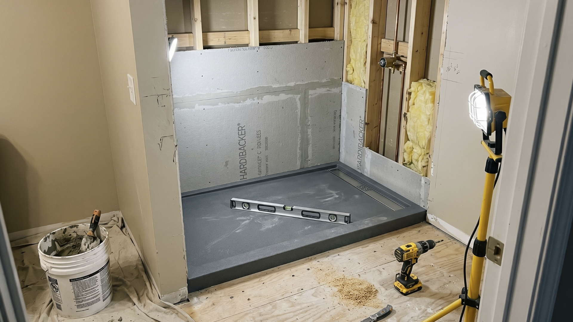Contractor installing a zero-threshold roll-in shower in a southwest Chicago suburb home
